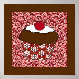 Chocolade Cupcake op rood en wit patroon Poster