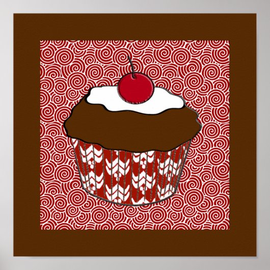 Chocolade Cupcake op rood en wit patroon Poster (Voorkant)