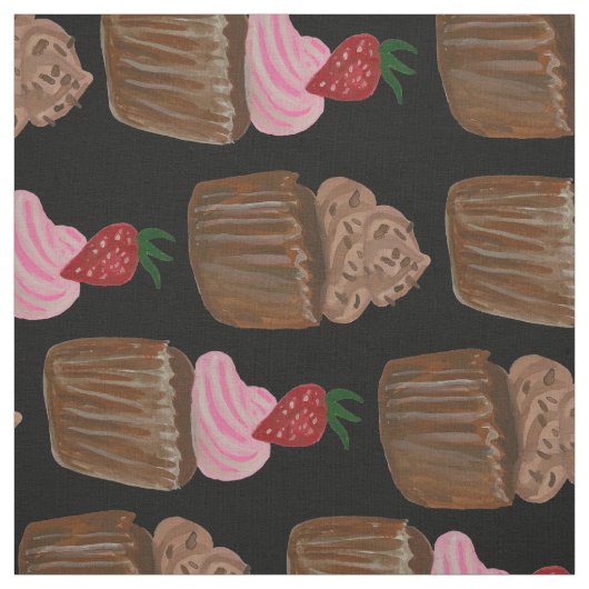 Chocolade Cupcake Strawberry Pattern Black Stof (Swatch)