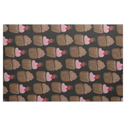 Chocolade Cupcake Strawberry Pattern Black Stof (Fat Quarter)
