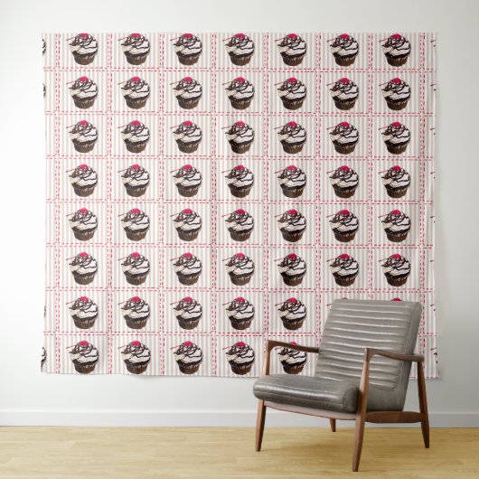 Chocolade Cupcakes Red en White Wall Tapestry Wandkleed (In Situ (horizontaal))