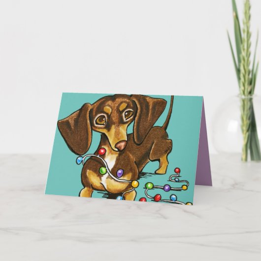 Chocolade Dachshund verlicht Kerstmis Blauwgroen Feestdagen Kaart (Voorkant)