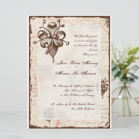 Chocolade Damask Swirl Bruiloft Kaart Uitnodigen (Staand voorkant)