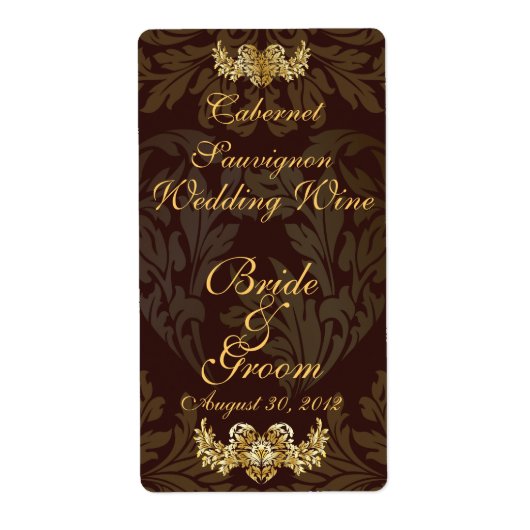 Chocolade Damask Wedding Wine Label (Voorkant)