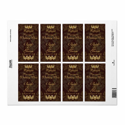 Chocolade Damask Wedding Wine Label (Full Sheet)