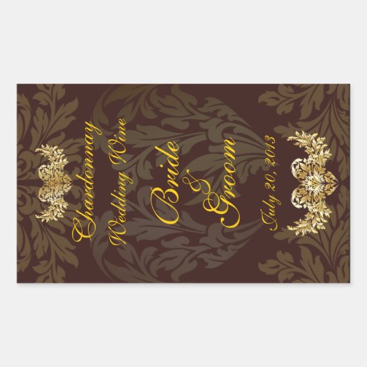 Chocolade Damask Wedding Wine Label Sticker (Voorkant)