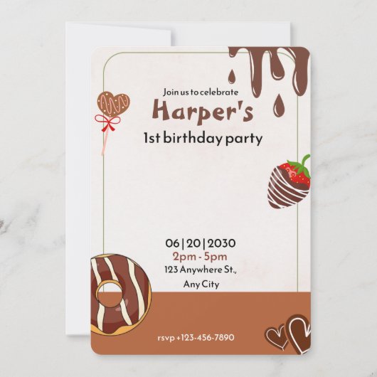 Chocolade, donut en aardbei 1e verjaardag kaart (Voorkant)