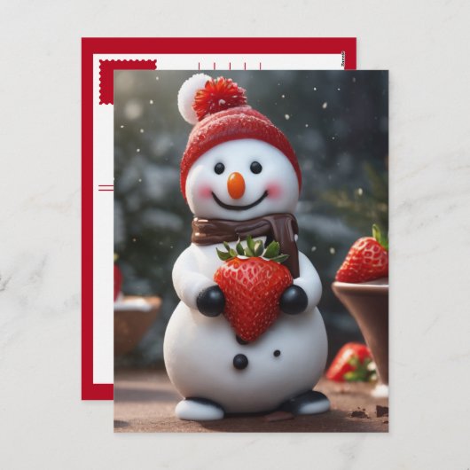 Chocolade en aardbeiensneeuwman feestdagenkaart (Voorkant / Achterkant)