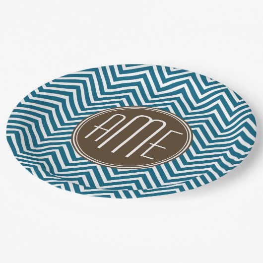 Chocolade en Blauwgroen Chevron Pattern met monogr Papieren Bordje (Gekanteld)