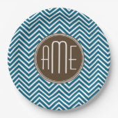 Chocolade en Blauwgroen Chevron Pattern met monogr Papieren Bordje (Voorkant)