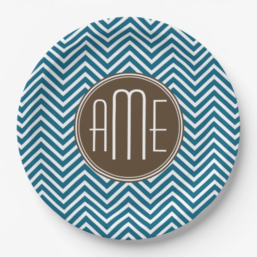 Chocolade en Blauwgroen Chevron Pattern met monogr Papieren Bordje (Voorkant)