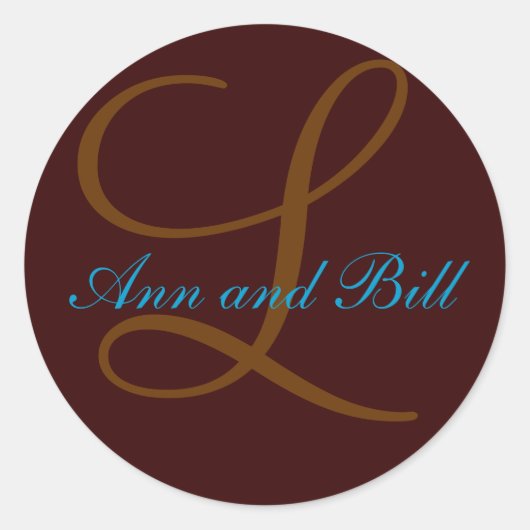 Chocolade en Blauwgroen Monogram Bruiloft Uitnodig Ronde Sticker (Voorkant)