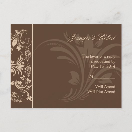 Chocolade en Crème Bloemen Scroll RSVP Briefkaart (Voorkant)