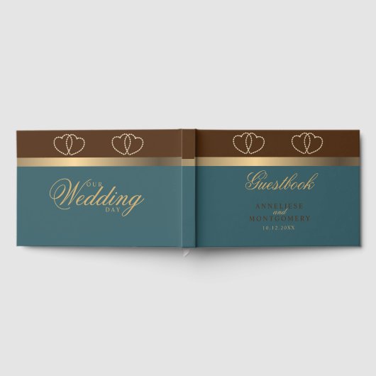 Chocolade en donker Blauwgroen met Gold Hearts Gastenboek (Volledig)