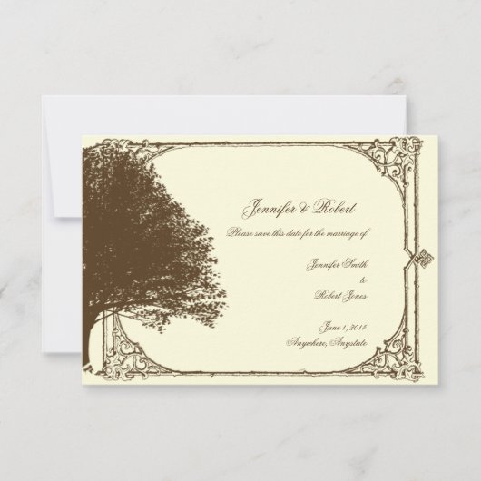 Chocolade en Ecru Filigree Bruiloft Save the Date (Voorkant)