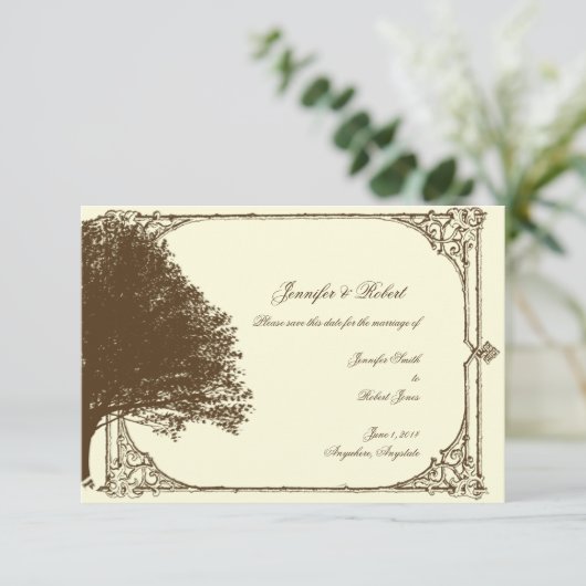 Chocolade en Ecru Filigree Bruiloft Save the Date (Staand voorkant)