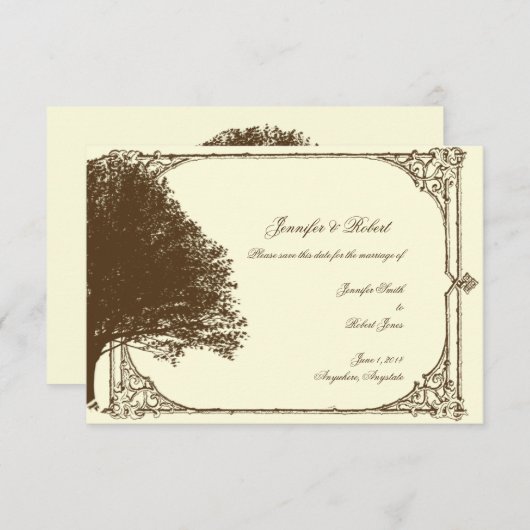 Chocolade en Ecru Filigree Bruiloft Save the Date (Voorkant / Achterkant)