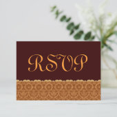 Chocolade en Gold Damask Wedding RSVP Kaartje (Staand voorkant)