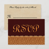 Chocolade en Gold Damask Wedding RSVP Kaartje (Voorkant / Achterkant)