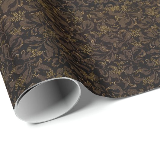 Chocolade en Gold Floral Damask Pattern Cadeaupapier (Rol Hoek)