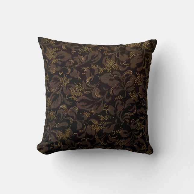 Chocolade en Gold Floral Damask Pattern Kussen (Voorkant)