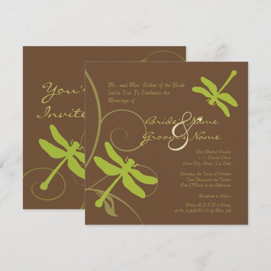 Chocolade en Green Dragonfly Wedding Invitation Kaart (Voorkant / Achterkant)