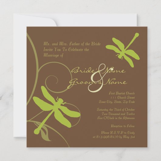 Chocolade en Green Dragonfly Wedding Invitation Kaart (Voorkant)