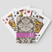 Chocolade en Magenta Damast Patroon Monogram Pokerkaarten (Achterkant)
