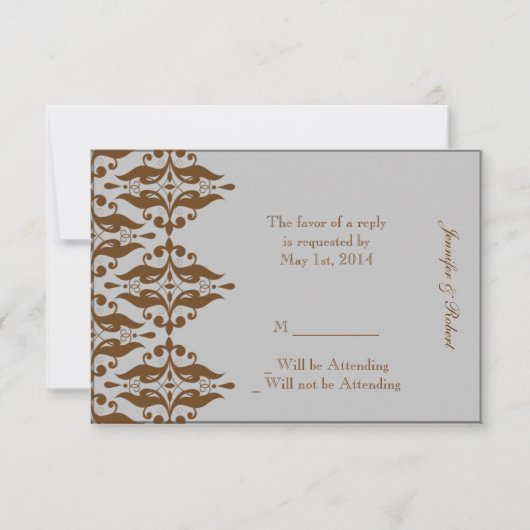 Chocolade en Silver Damask-reactiekaart RSVP Kaartje (Voorkant)