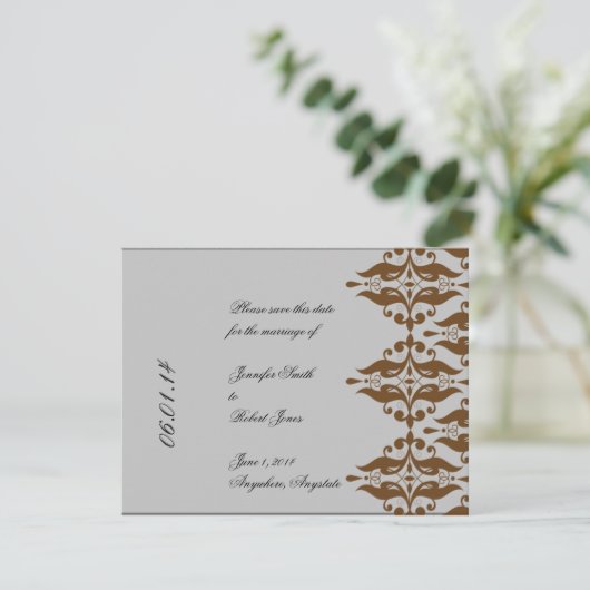 Chocolade en Silver Damask sparen de Datum Kaart (Staand voorkant)