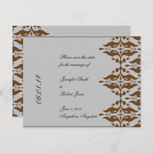 Chocolade en Silver Damask sparen de Datum Kaart (Voorkant / Achterkant)