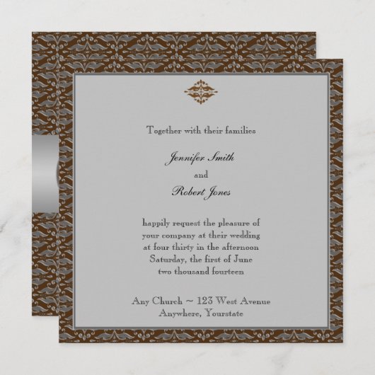 Chocolade en Silver Damask Wedding Invitation Kaart (Voorkant / Achterkant)