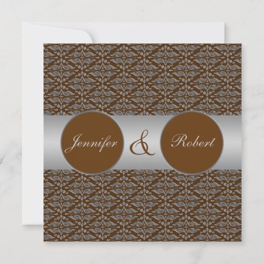 Chocolade en Silver Damask Wedding Invitation Kaart (Achterkant)