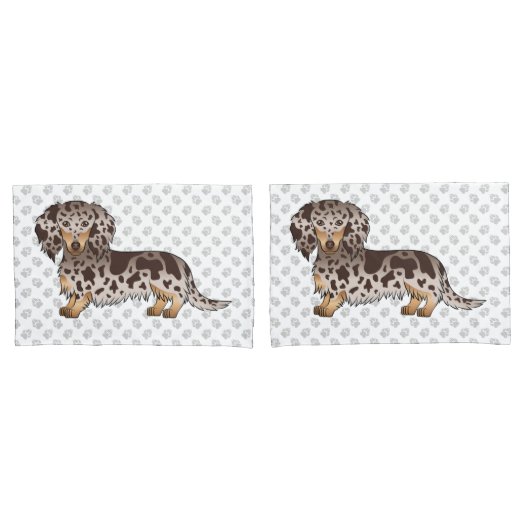Chocolade en Tan Dapple Long Hair Dachshund Dog Kussensloop (Voorkant-Set)