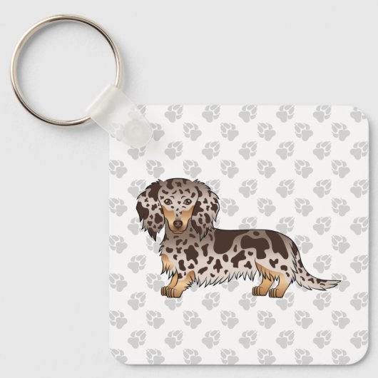 Chocolade en Tan Dapple Long Hair Dachshund Dog Sleutelhanger (Voorkant)
