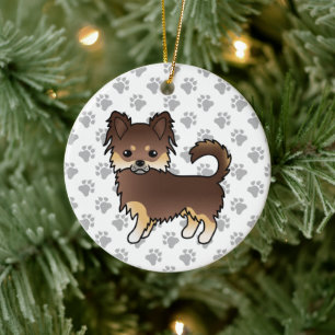Chocolade en Tan Long Coat Chihuahua Dog & Paws Keramisch Ornament