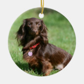 Chocolade en Tan Long-hire Miniature Dachshund Keramisch Ornament (Voorkant)