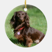 Chocolade en Tan Long-hire Miniature Dachshund Keramisch Ornament (Achterkant)