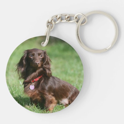 Chocolade en Tan Long-hire Miniature Dachshund Sleutelhanger (Achterkant)
