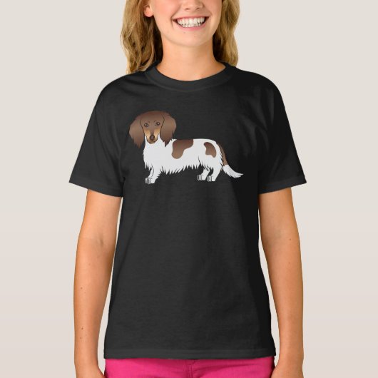 Chocolade en Tan Piebald Long Hair Dachshund Dog T-shirt (Voorkant)