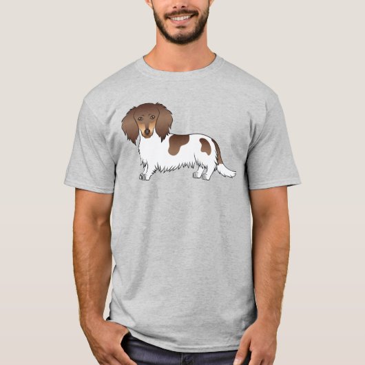 Chocolade en Tan Piebald Long Hair Dachshund Dog T-shirt (Voorkant)