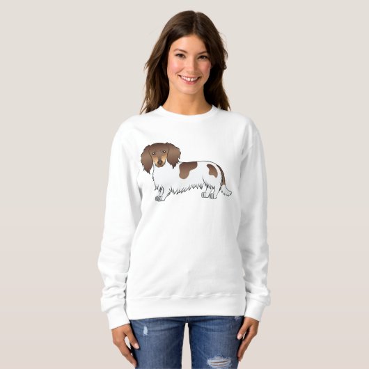 Chocolade en Tan Piebald Long Hair Dachshund Dog Trui (Voorkant volledig)