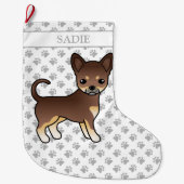 Chocolade en Tan Smooth Coat Chihuahua Dog & Name Grote Kerstsok (Voorkant)