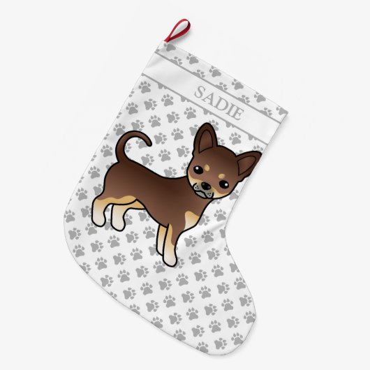 Chocolade en Tan Smooth Coat Chihuahua Dog & Name Grote Kerstsok (Voorkant (Hangend))