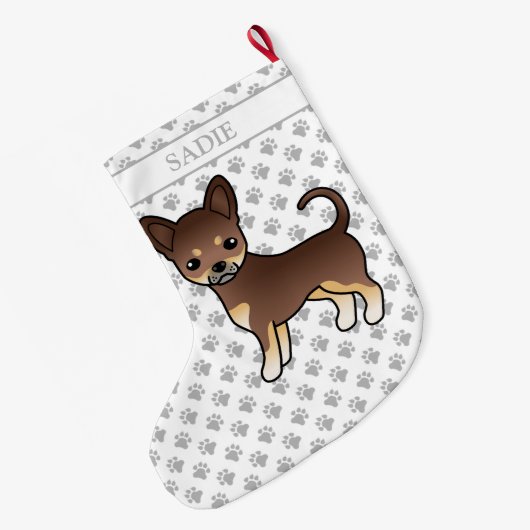 Chocolade en Tan Smooth Coat Chihuahua Dog & Name Grote Kerstsok (Achterkant (Hangend))