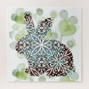 Chocolade en zachte blauwe Mandala Konijn met Hart Legpuzzel