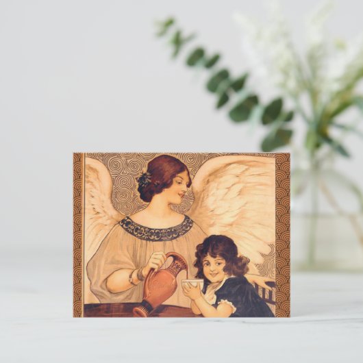 Chocolade Engel Frans Antiek Briefkaart (Staand voorkant)