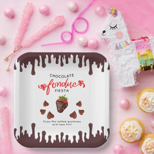 Chocolade Fondue Fiesta Aardbeien Harten Verjaarda Papieren Bordje (Feest)