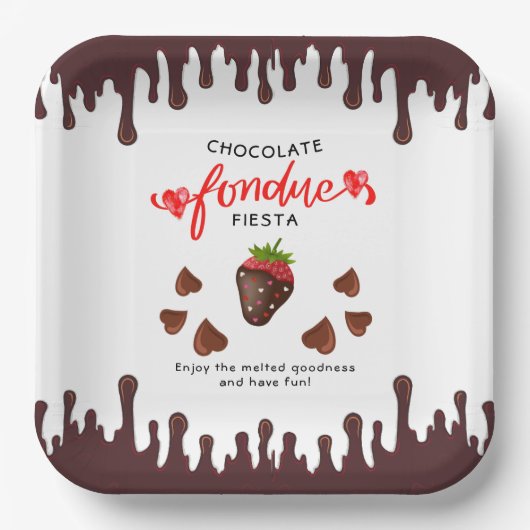 Chocolade Fondue Fiesta Aardbeien Harten Verjaarda Papieren Bordje (Voorkant)