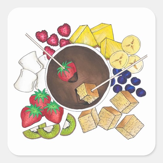 Chocolade Fondue Pot Retro Dessert Food FruitCake Vierkante Sticker (Voorkant)
